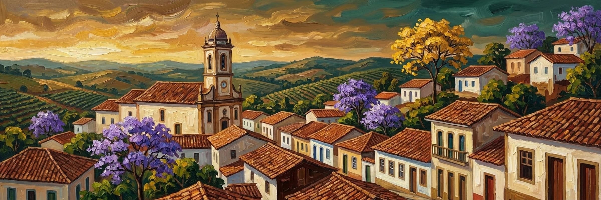 Vista de Muzambinho, Minas Gerais, pintada a óleo: telhados de telha vermelha descendo a encosta, a torre da igreja ao centro e os morros de café ao fundo.